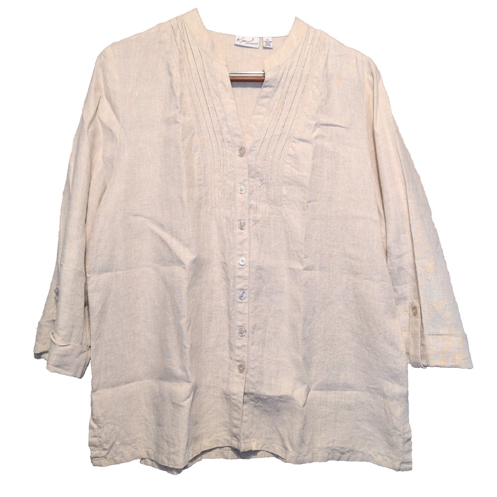 100% Linen Beige XL Kim Rogers Pleated Tunic Blouse Nature Beach Vacation Summer